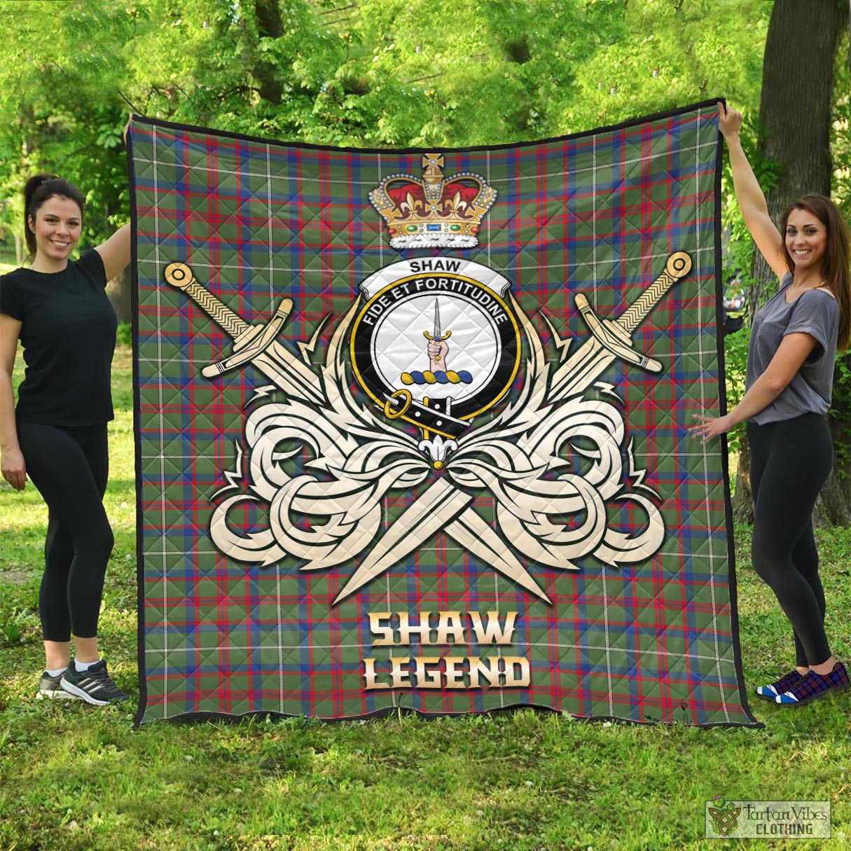 Tartan Vibes Clothing Shaw Green Modern Tartan Quilt with Clan Crest and the Golden Sword of Courageous Legacy