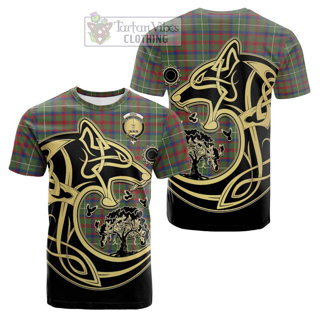 Tartan Vibes Clothing Shaw Green Modern Tartan Cotton T-shirt with Family Crest Celtic Wolf Style