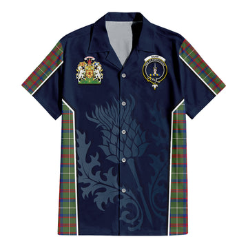 Shaw Green Modern Tartan Short Sleeve Button Up Shirt with Family Crest and Scottish Thistle Vibes Sport Style