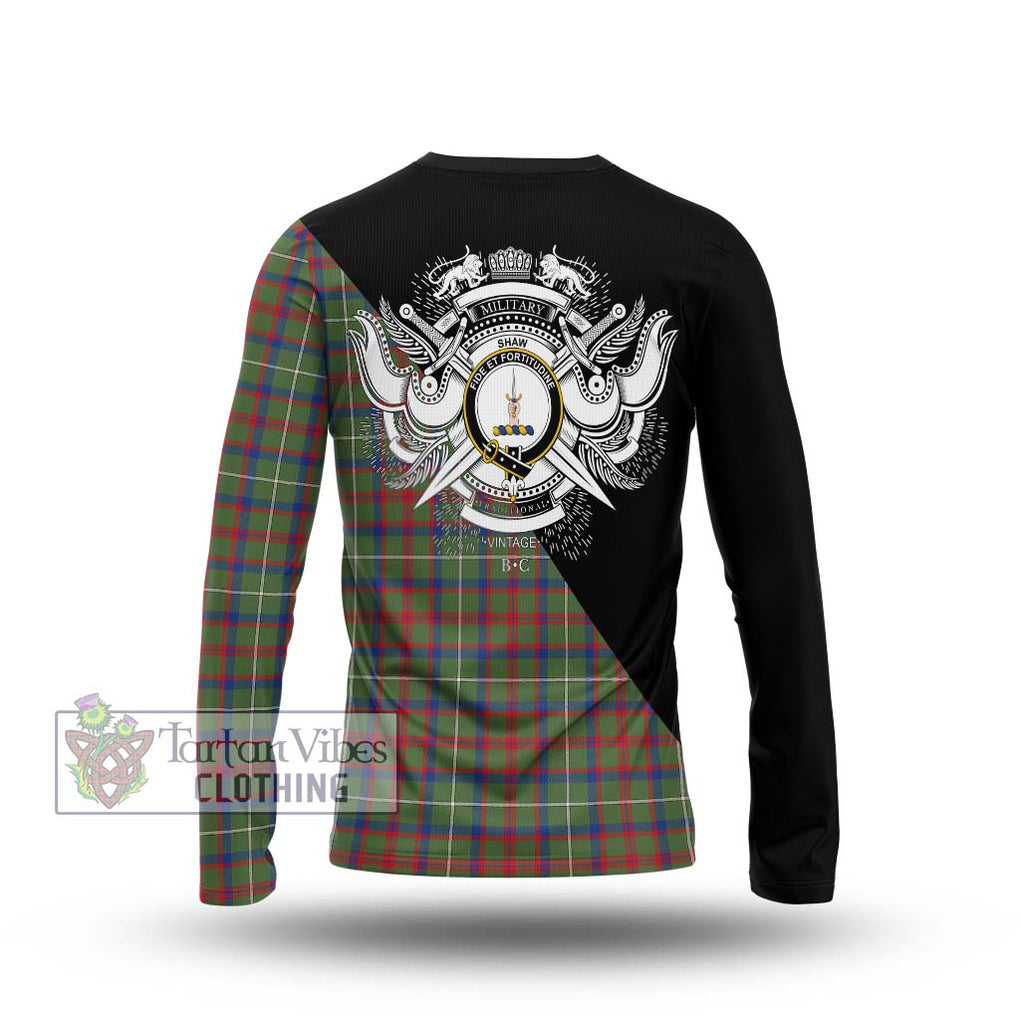 Shaw Green Modern Tartan Long Sleeve T-Shirt with Family Crest and Military Logo Style - Tartanvibesclothing Shop