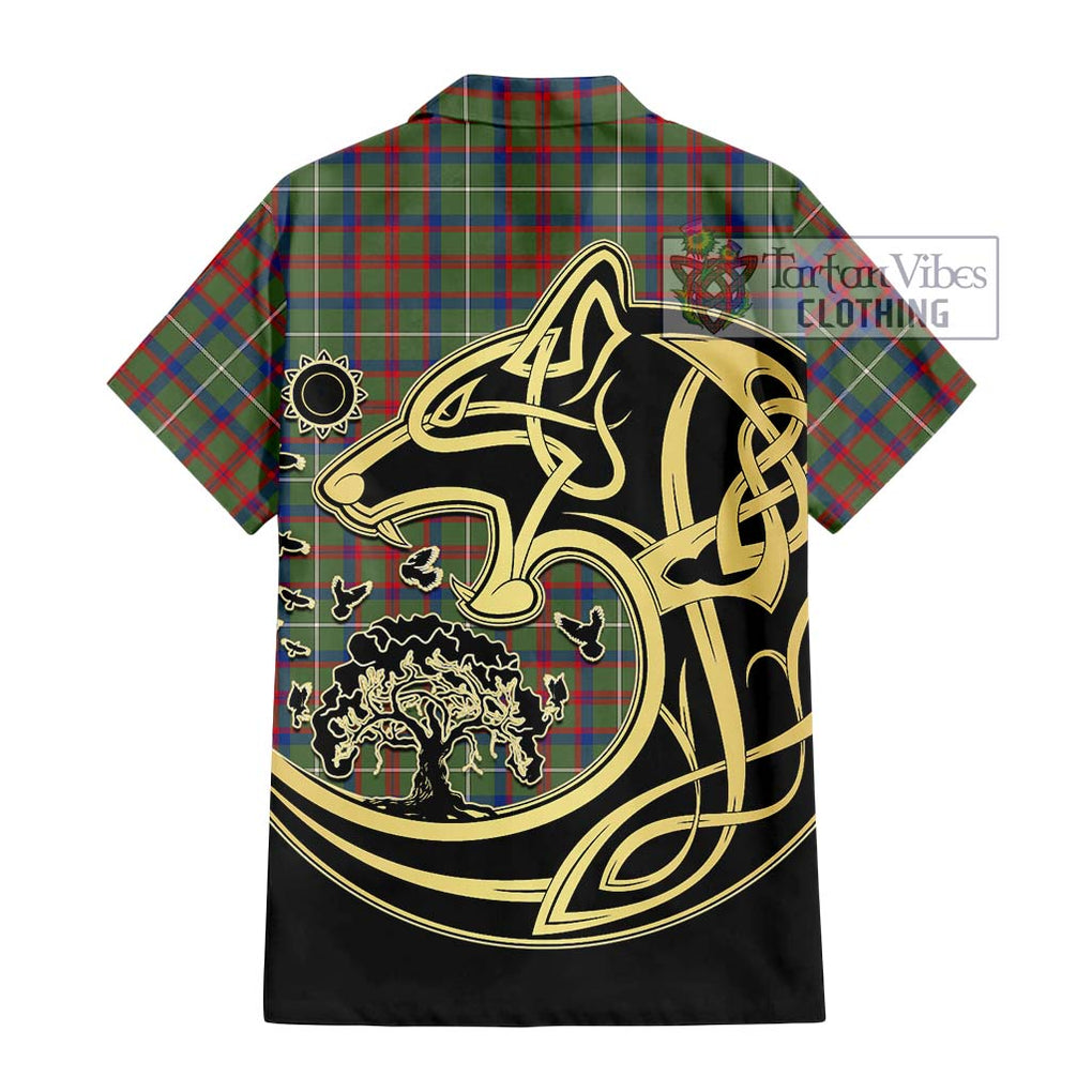 Shaw Green Modern Tartan Short Sleeve Button Shirt with Family Crest Celtic Wolf Style - Tartan Vibes Clothing