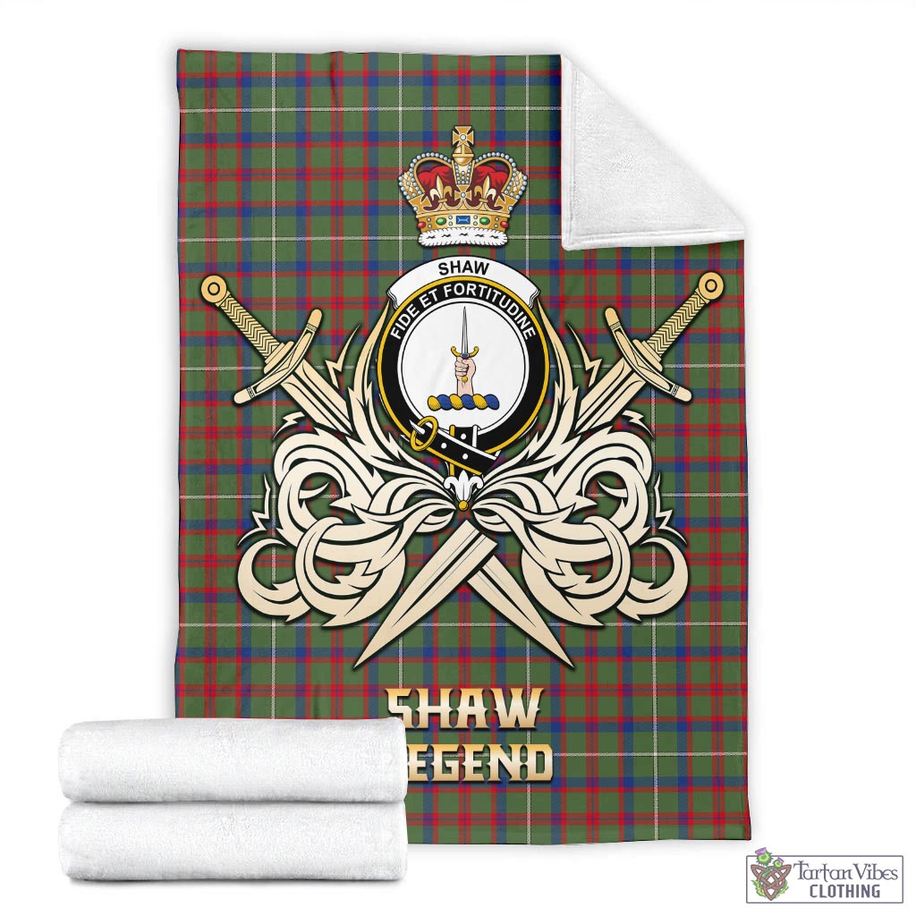 Tartan Vibes Clothing Shaw Green Modern Tartan Blanket with Clan Crest and the Golden Sword of Courageous Legacy