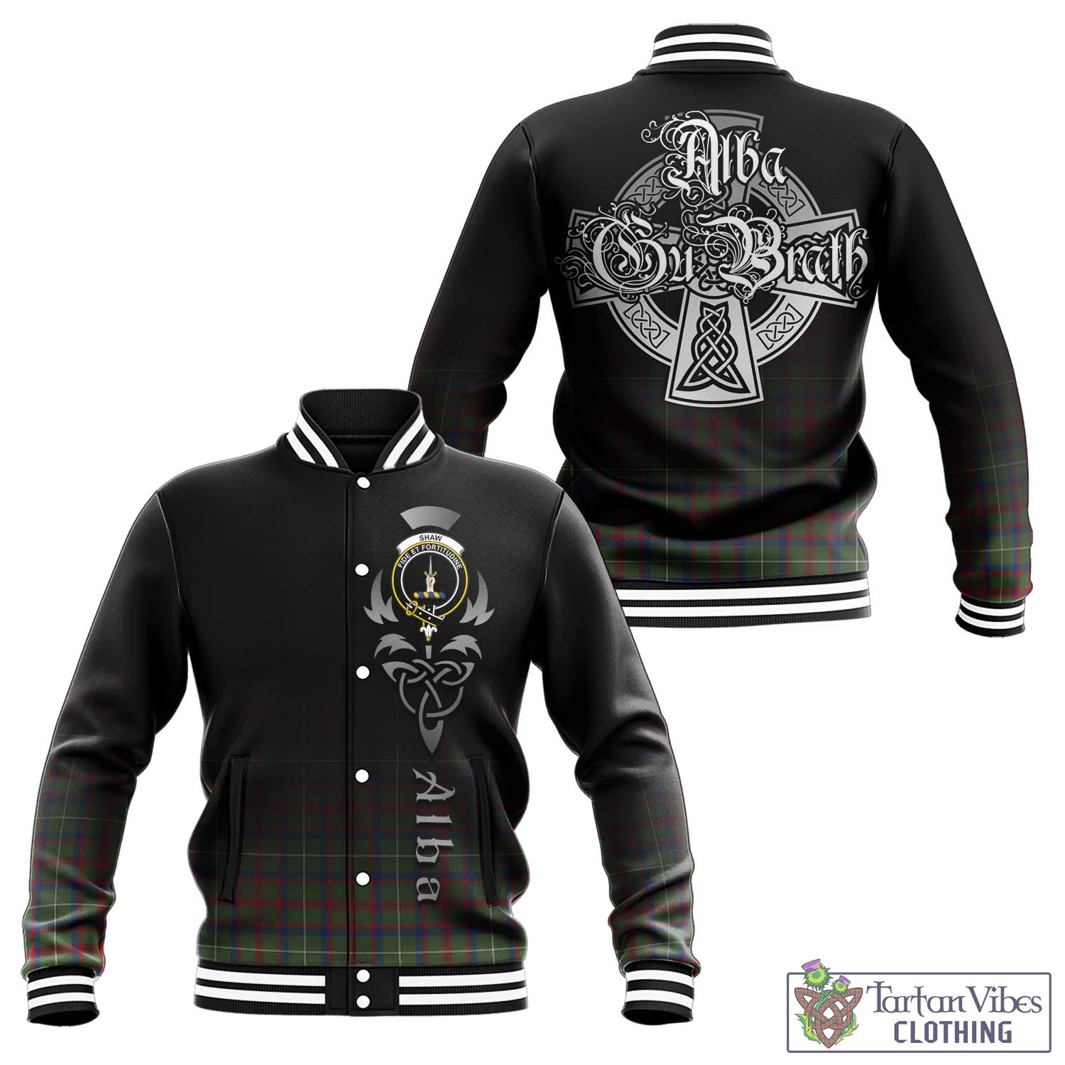 Tartan Vibes Clothing Shaw Green Modern Tartan Baseball Jacket Featuring Alba Gu Brath Family Crest Celtic Inspired