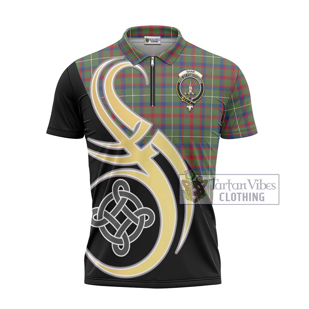 Tartan Vibes Clothing Shaw Green Modern Tartan Zipper Polo Shirt with Family Crest and Celtic Symbol Style