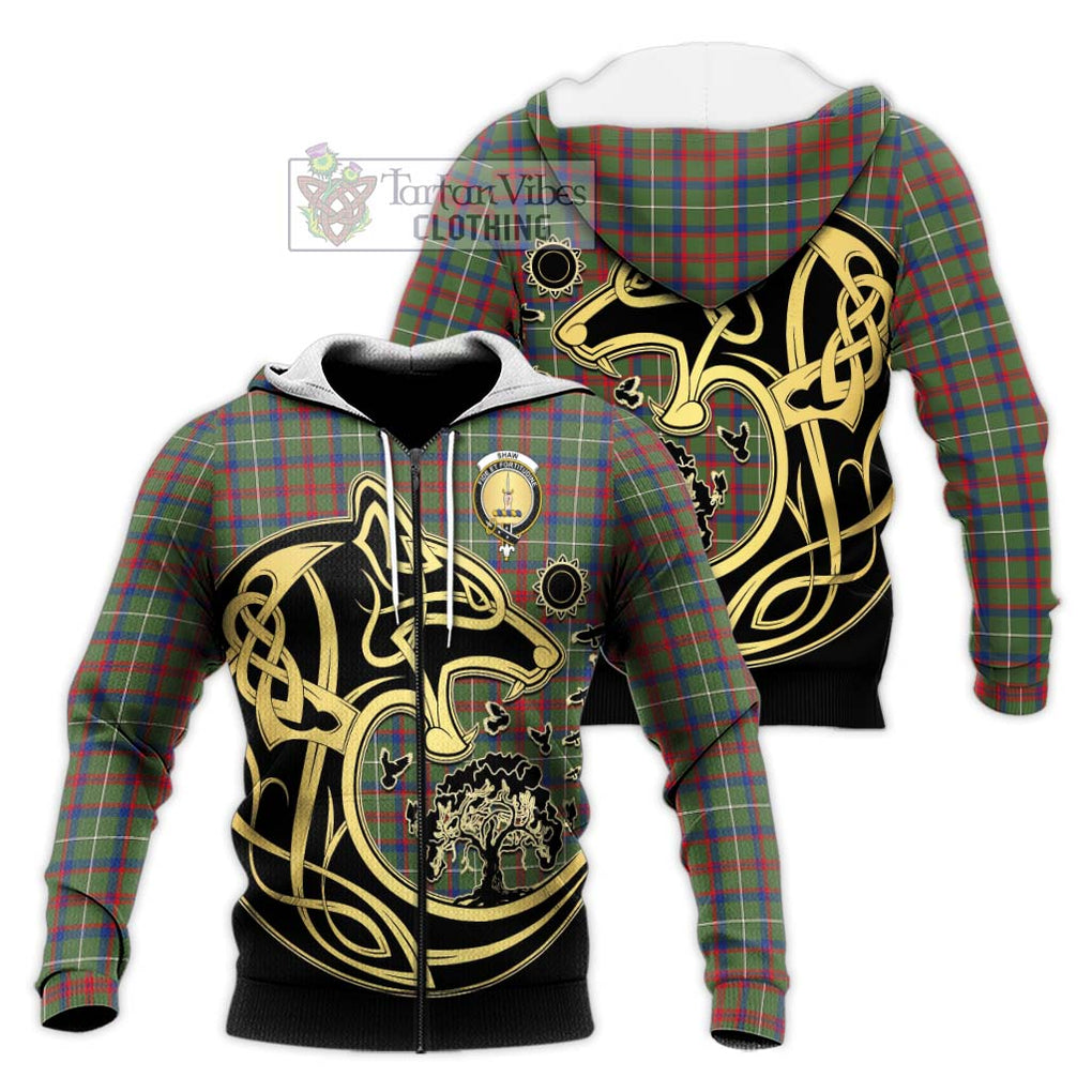 Shaw Green Modern Tartan Knitted Hoodie with Family Crest Celtic Wolf Style Unisex Knitted Zip Hoodie - Tartan Vibes Clothing