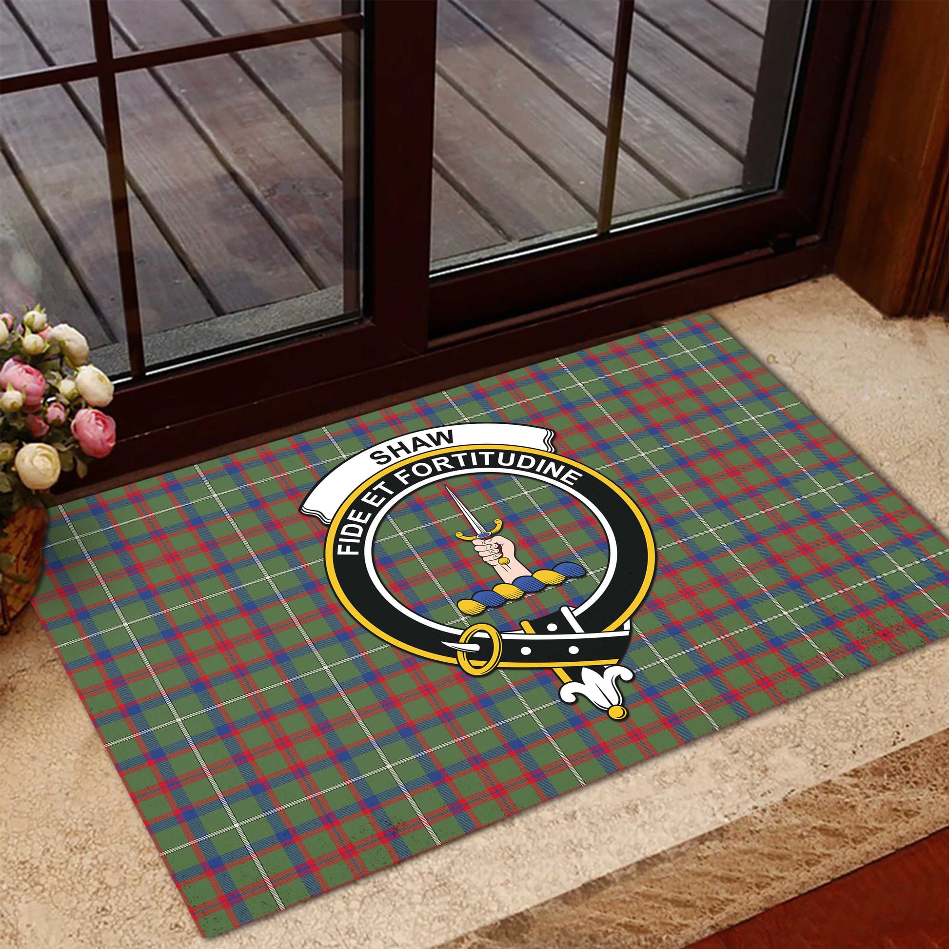 Shaw Green Modern Tartan Door Mat with Family Crest - Tartanvibesclothing Shop