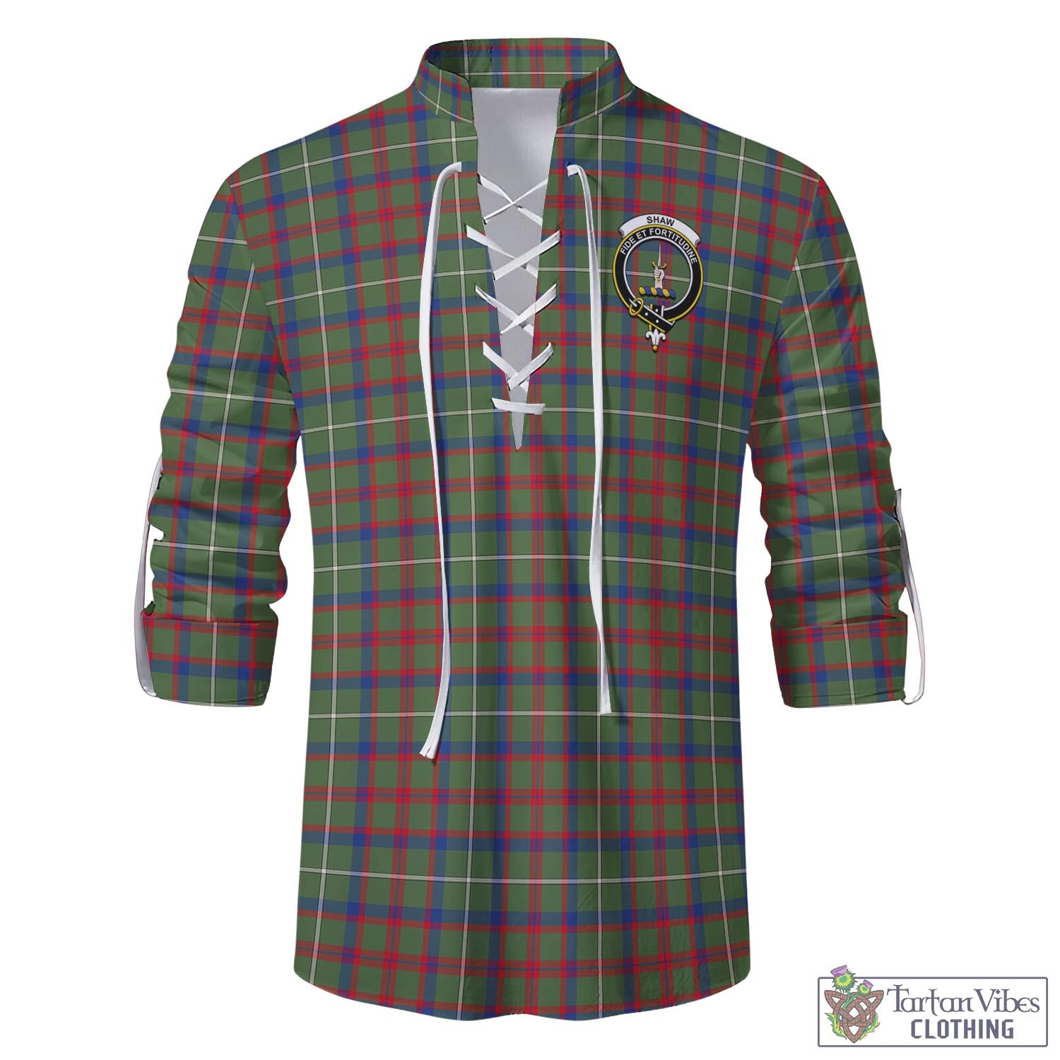 Tartan Vibes Clothing Shaw Green Modern Tartan Men's Scottish Traditional Jacobite Ghillie Kilt Shirt with Family Crest