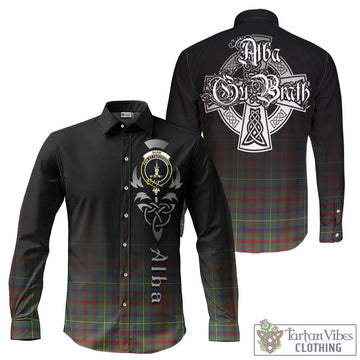 Shaw Green Modern Tartan Long Sleeve Button Up Featuring Alba Gu Brath Family Crest Celtic Inspired