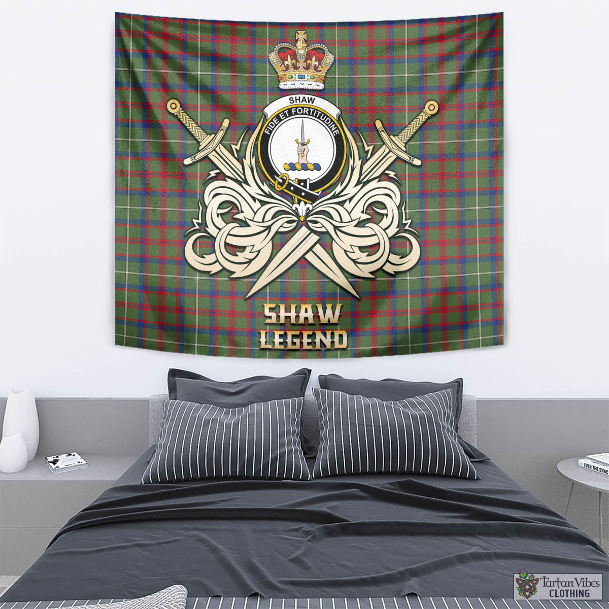 Tartan Vibes Clothing Shaw Green Modern Tartan Tapestry with Clan Crest and the Golden Sword of Courageous Legacy