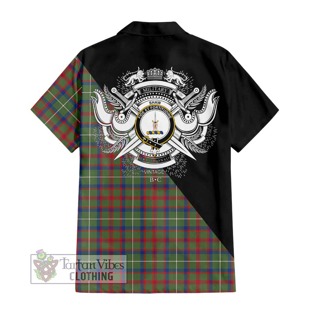 Shaw Green Modern Tartan Short Sleeve Button Shirt with Family Crest and Military Logo Style - Tartanvibesclothing Shop