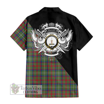 Shaw Green Modern Tartan Short Sleeve Button Shirt with Family Crest and Military Logo Style