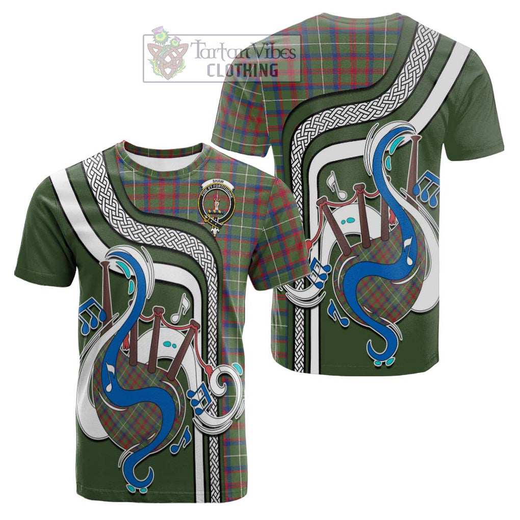 Tartan Vibes Clothing Shaw Green Modern Tartan Cotton T-shirt with Epic Bagpipe Style