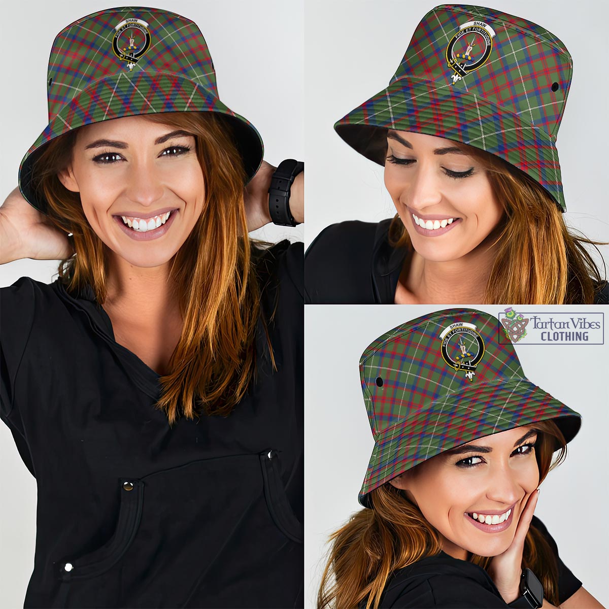 Tartan Vibes Clothing Shaw Green Modern Tartan Bucket Hat with Family Crest