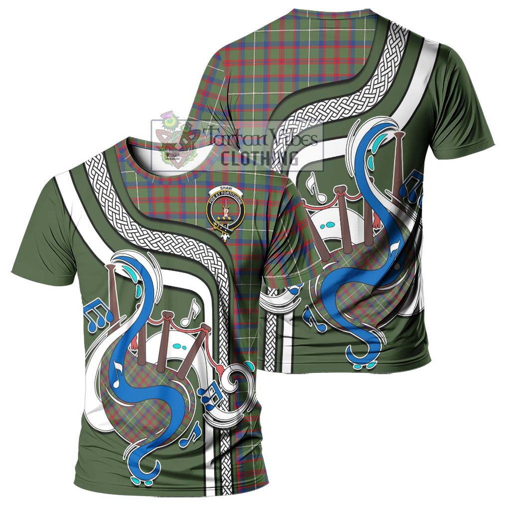 Shaw Green Modern Tartan T-Shirt with Epic Bagpipe Style - Tartanvibesclothing Shop