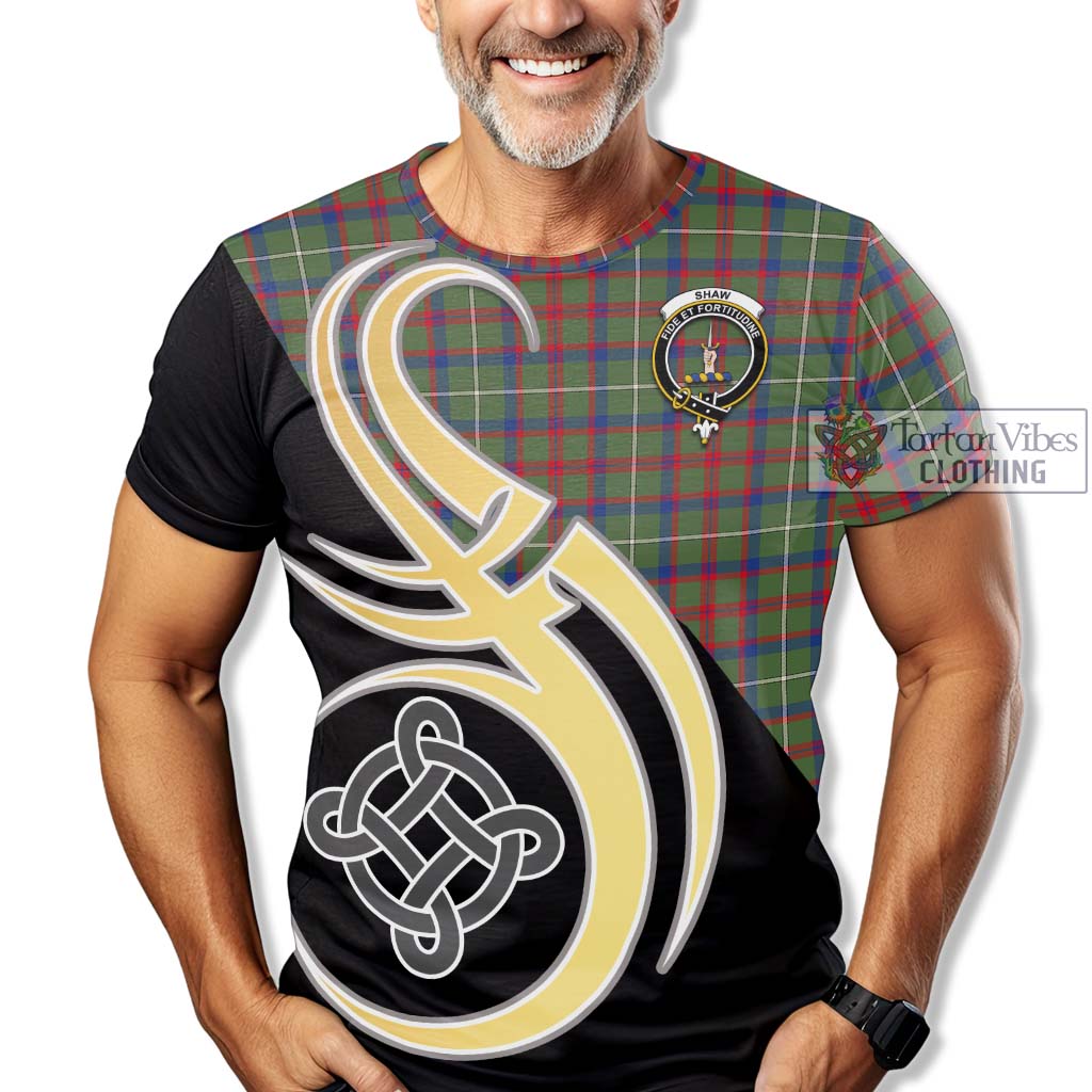 Tartan Vibes Clothing Shaw Green Modern Tartan T-Shirt with Family Crest and Celtic Symbol Style