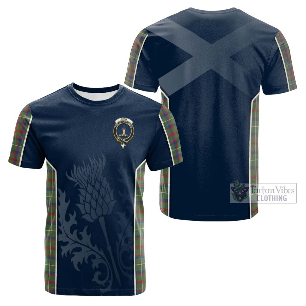 Tartan Vibes Clothing Shaw Green Modern Tartan Cotton T-shirt with Family Crest and Scottish Thistle Vibes Sport Style