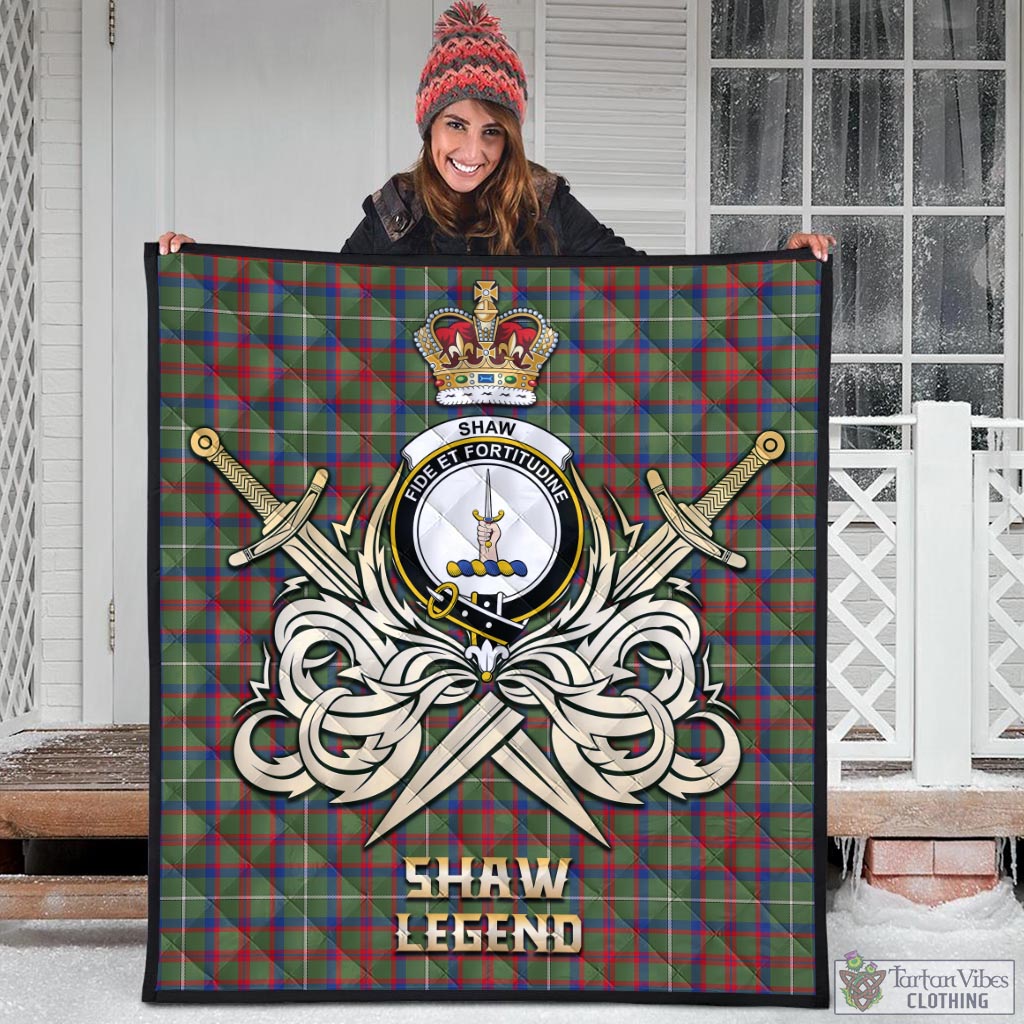 Tartan Vibes Clothing Shaw Green Modern Tartan Quilt with Clan Crest and the Golden Sword of Courageous Legacy