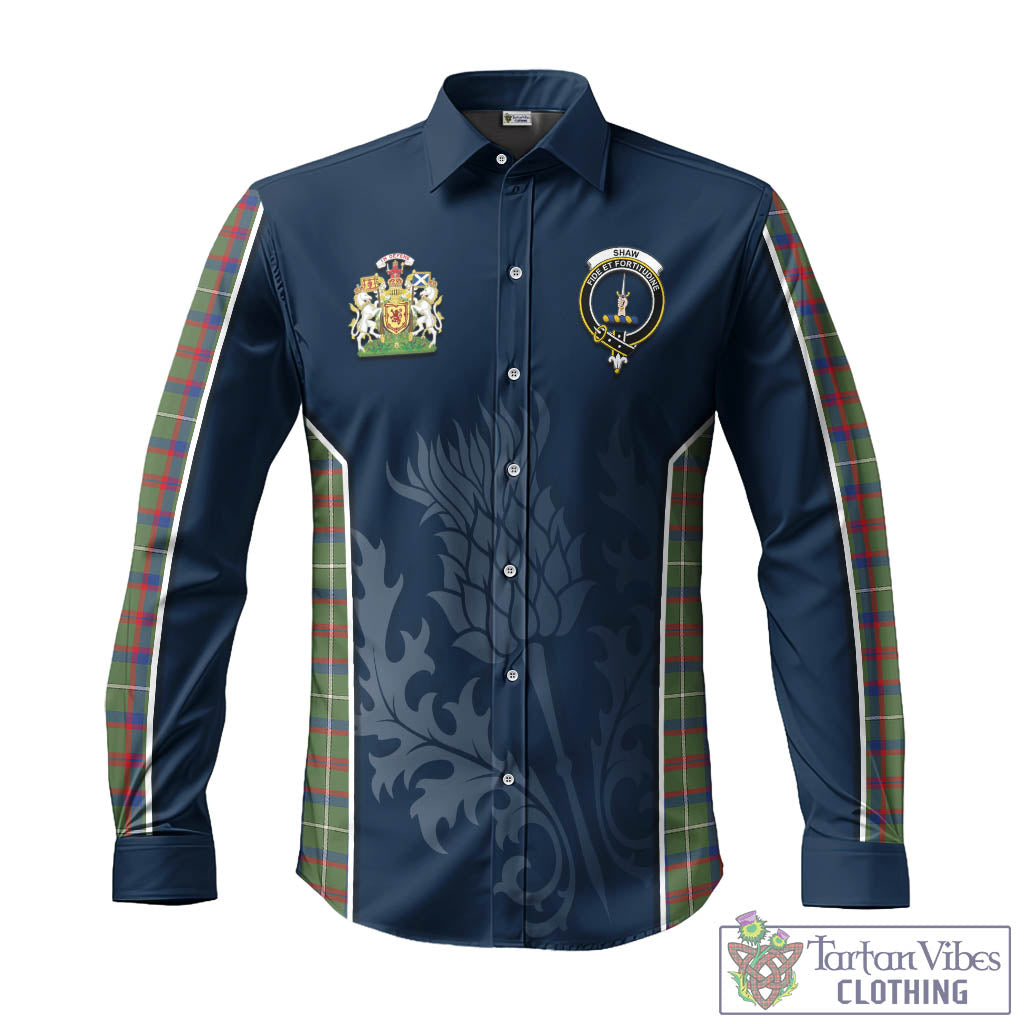 Tartan Vibes Clothing Shaw Green Modern Tartan Long Sleeve Button Up Shirt with Family Crest and Scottish Thistle Vibes Sport Style