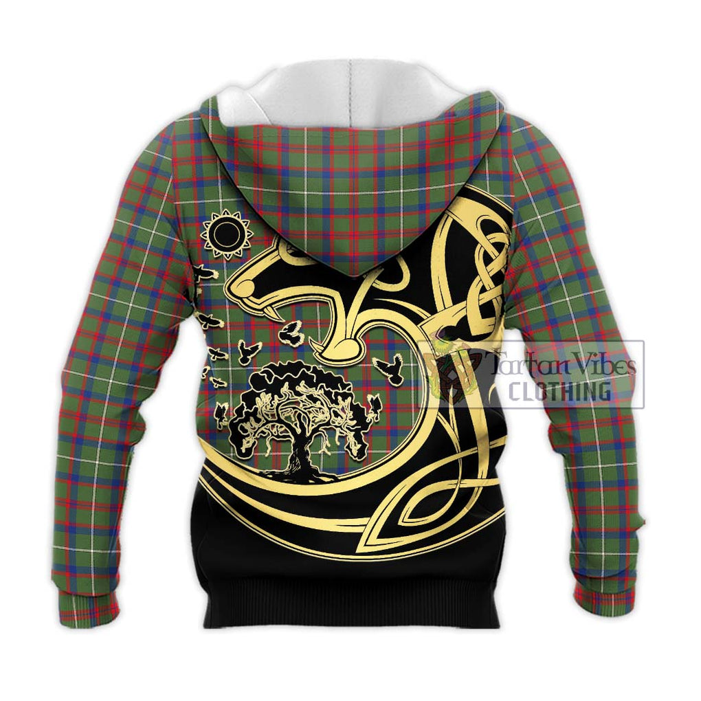 Shaw Green Modern Tartan Knitted Hoodie with Family Crest Celtic Wolf Style - Tartan Vibes Clothing