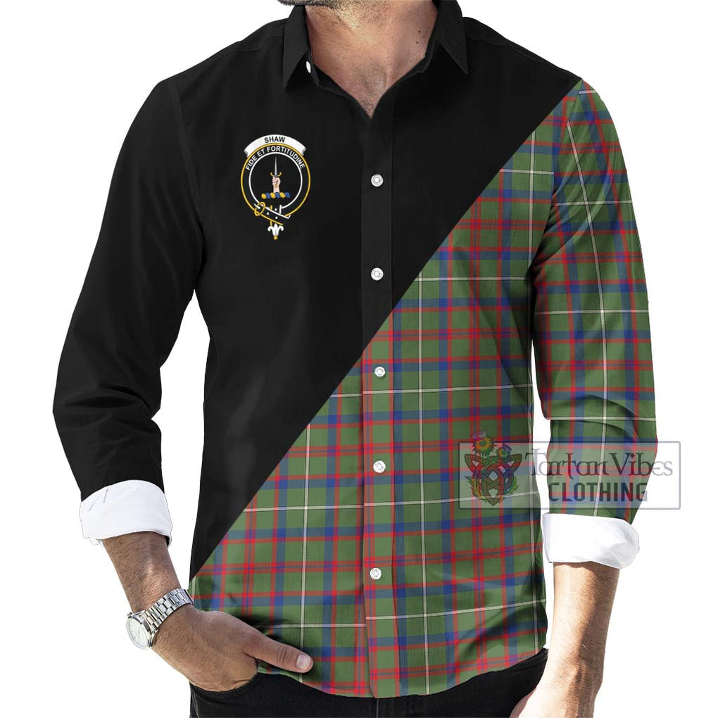 Shaw Green Modern Tartan Long Sleeve Button Shirt with Family Crest and Military Logo Style - Tartanvibesclothing Shop