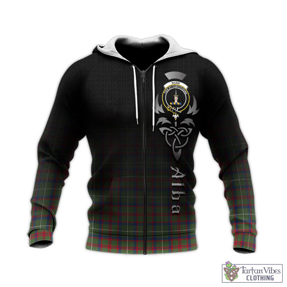 Tartan Vibes Clothing Shaw Green Modern Tartan Knitted Hoodie Featuring Alba Gu Brath Family Crest Celtic Inspired