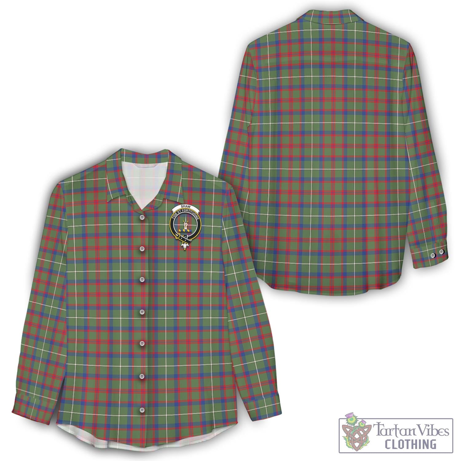 Tartan Vibes Clothing Shaw Green Modern Tartan Womens Casual Shirt with Family Crest