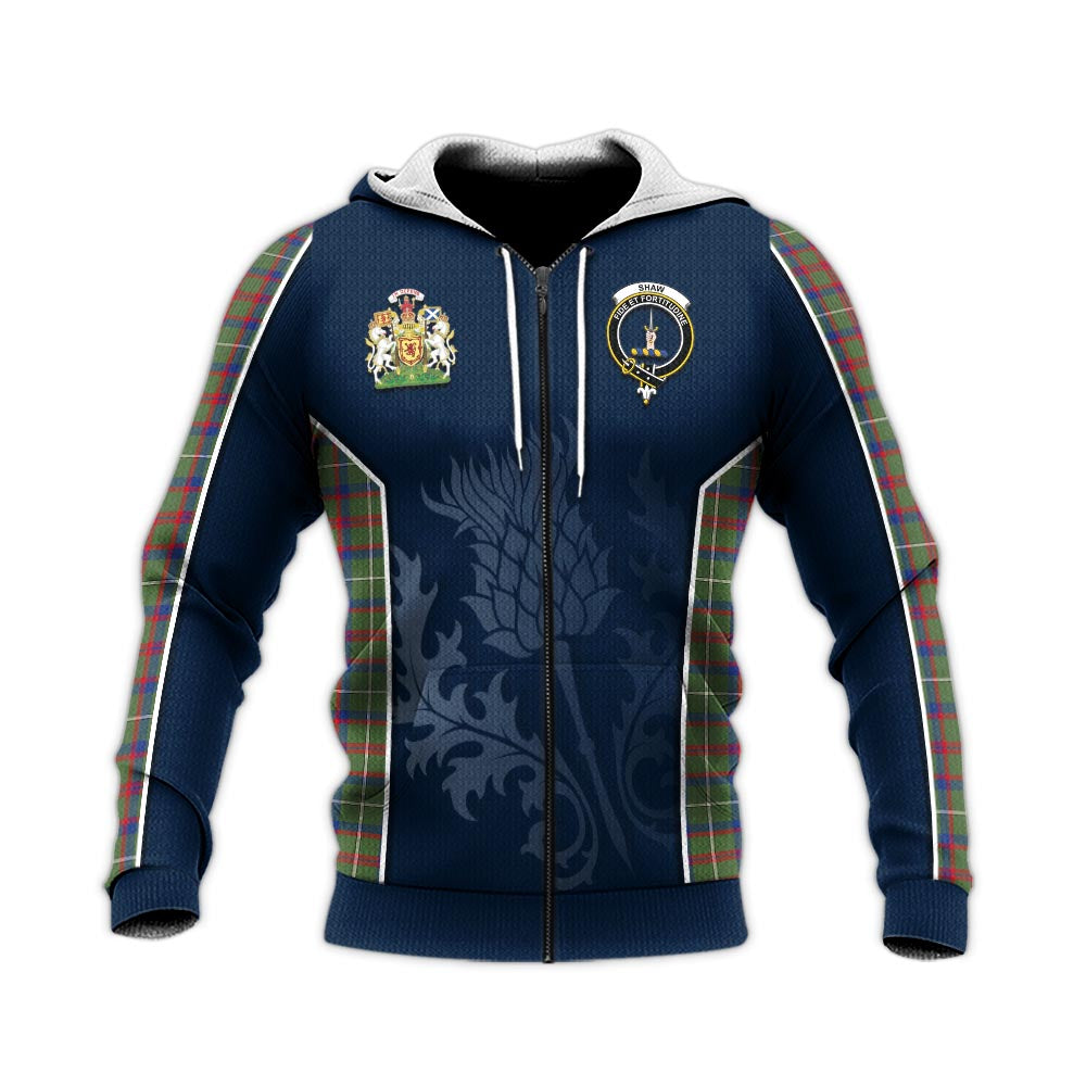 Tartan Vibes Clothing Shaw Green Modern Tartan Knitted Hoodie with Family Crest and Scottish Thistle Vibes Sport Style