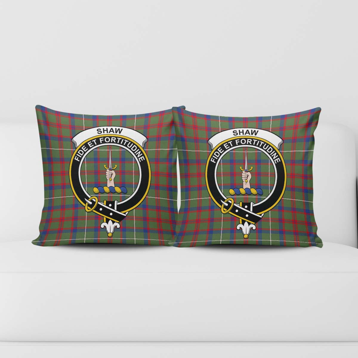 Shaw Green Modern Tartan Pillow Cover with Family Crest - Tartanvibesclothing