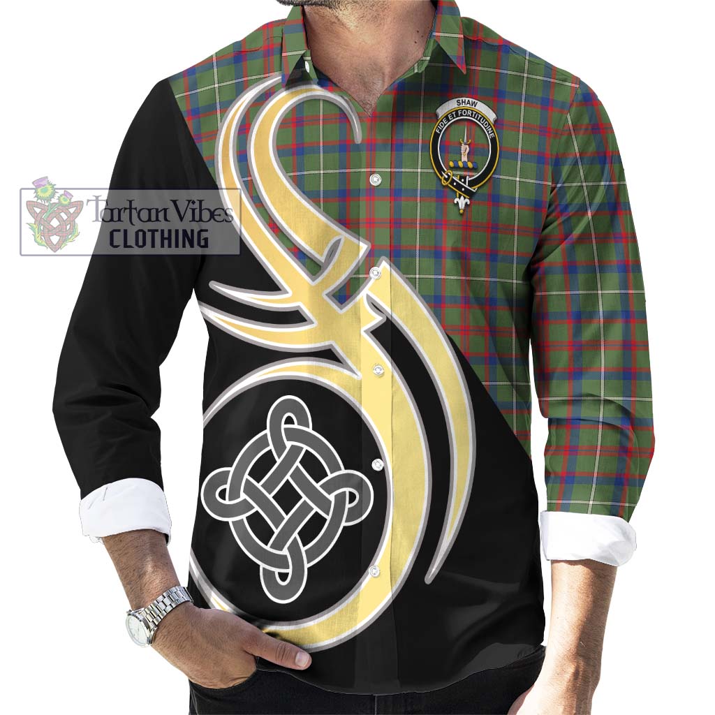 Shaw Green Modern Tartan Long Sleeve Button Shirt with Family Crest and Celtic Symbol Style - Tartan Vibes Clothing