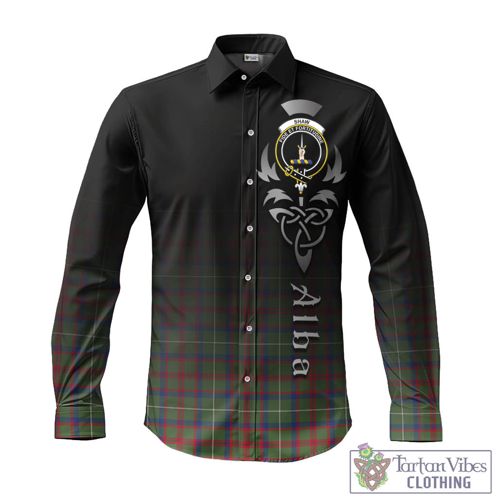 Tartan Vibes Clothing Shaw Green Modern Tartan Long Sleeve Button Up Featuring Alba Gu Brath Family Crest Celtic Inspired