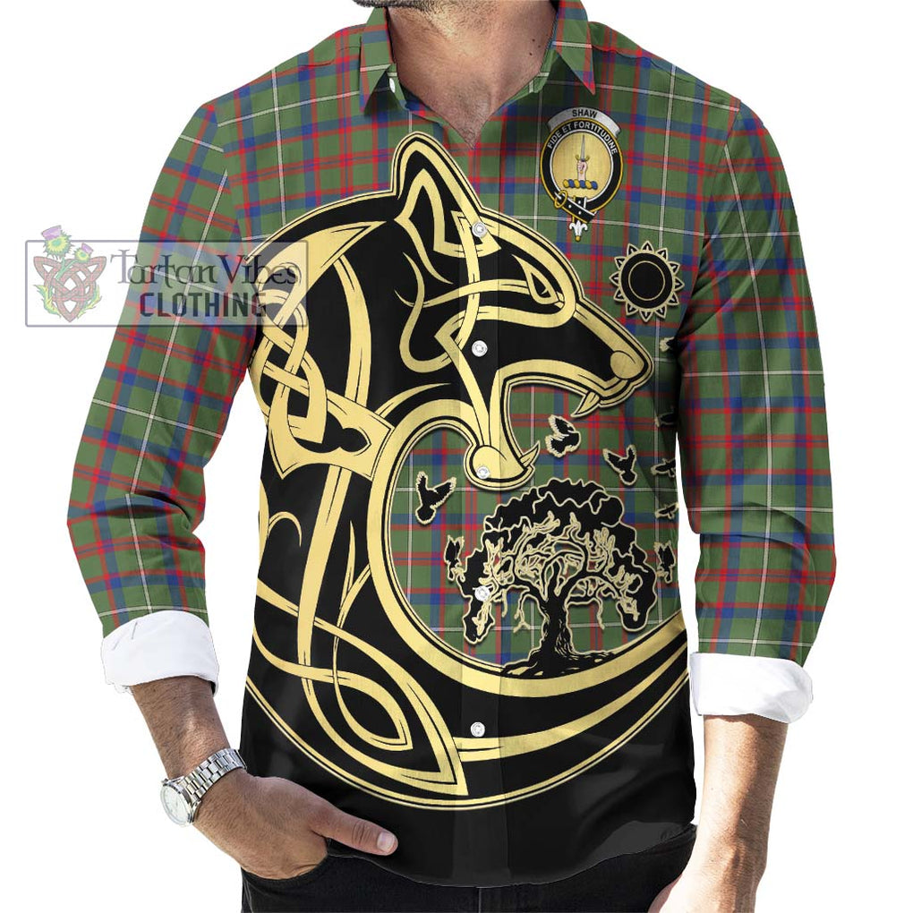 Shaw Green Modern Tartan Long Sleeve Button Shirt with Family Crest Celtic Wolf Style - Tartan Vibes Clothing