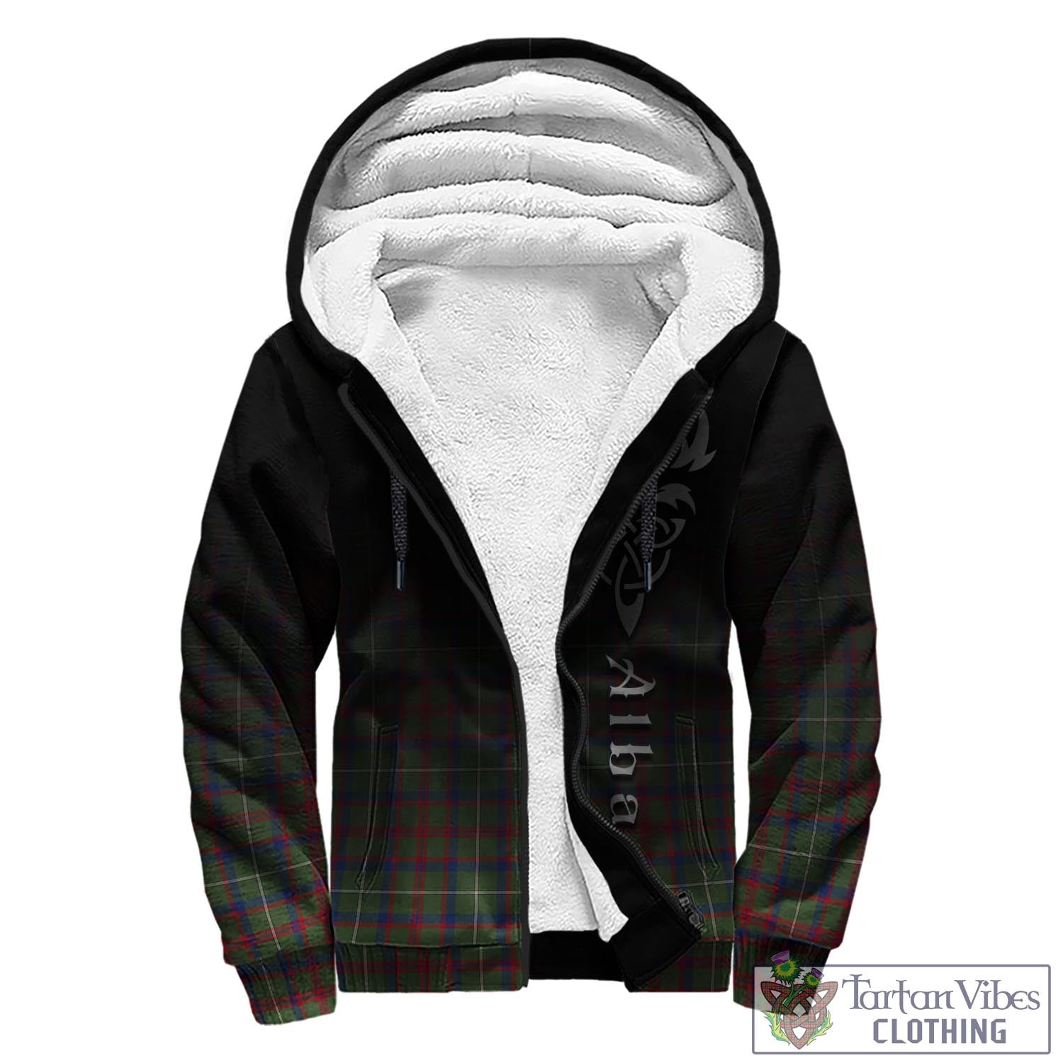 Tartan Vibes Clothing Shaw Green Modern Tartan Sherpa Hoodie Featuring Alba Gu Brath Family Crest Celtic Inspired