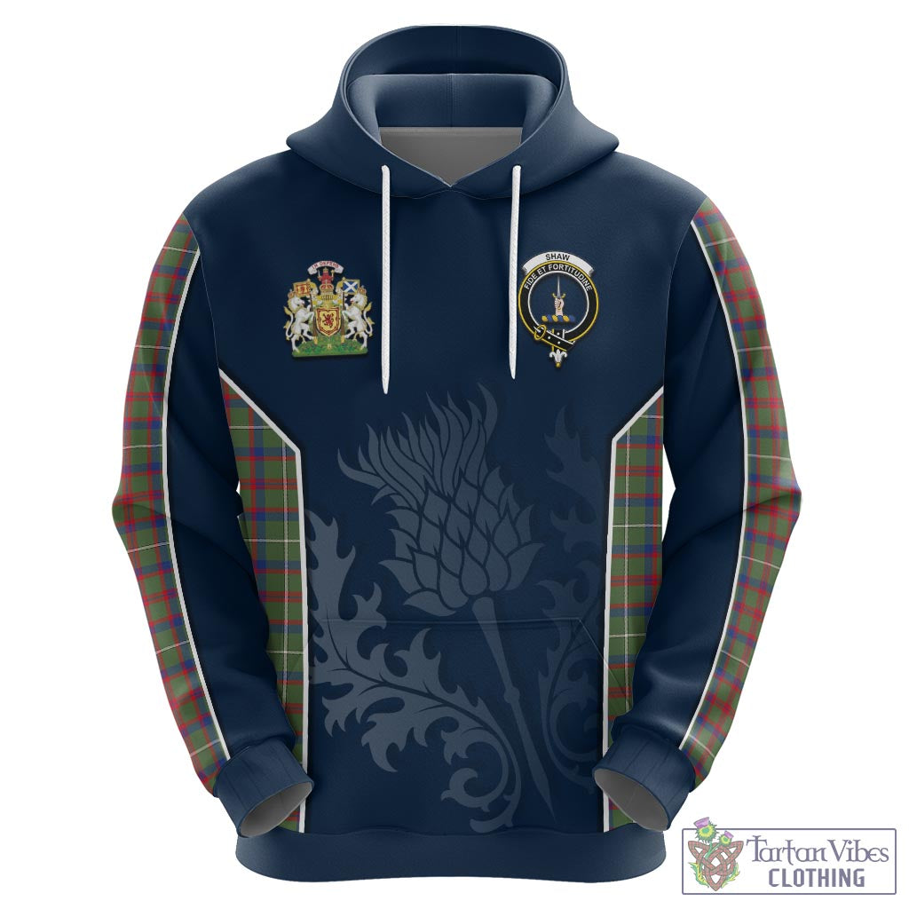 Tartan Vibes Clothing Shaw Green Modern Tartan Hoodie with Family Crest and Scottish Thistle Vibes Sport Style