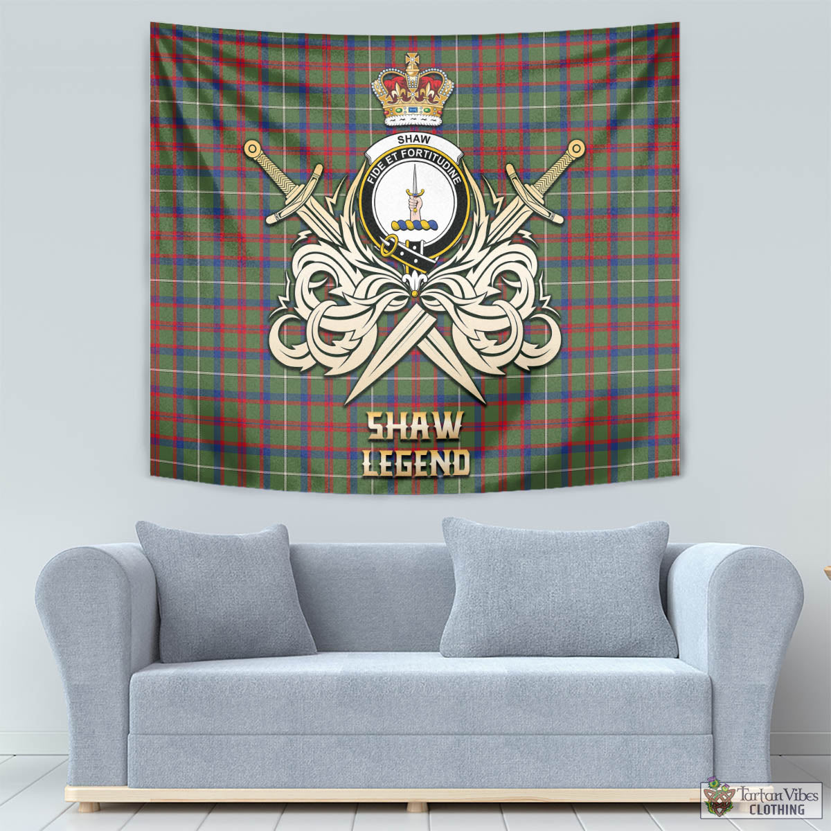 Tartan Vibes Clothing Shaw Green Modern Tartan Tapestry with Clan Crest and the Golden Sword of Courageous Legacy