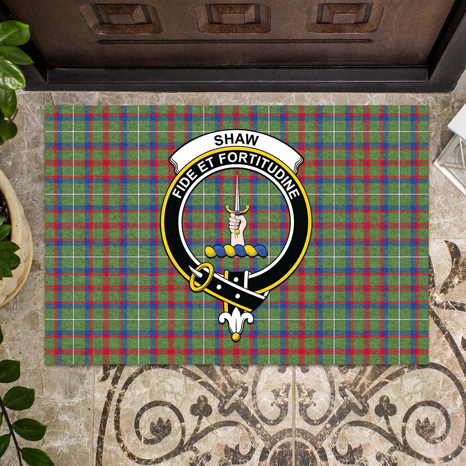 Shaw Green Modern Tartan Door Mat with Family Crest - Tartanvibesclothing Shop