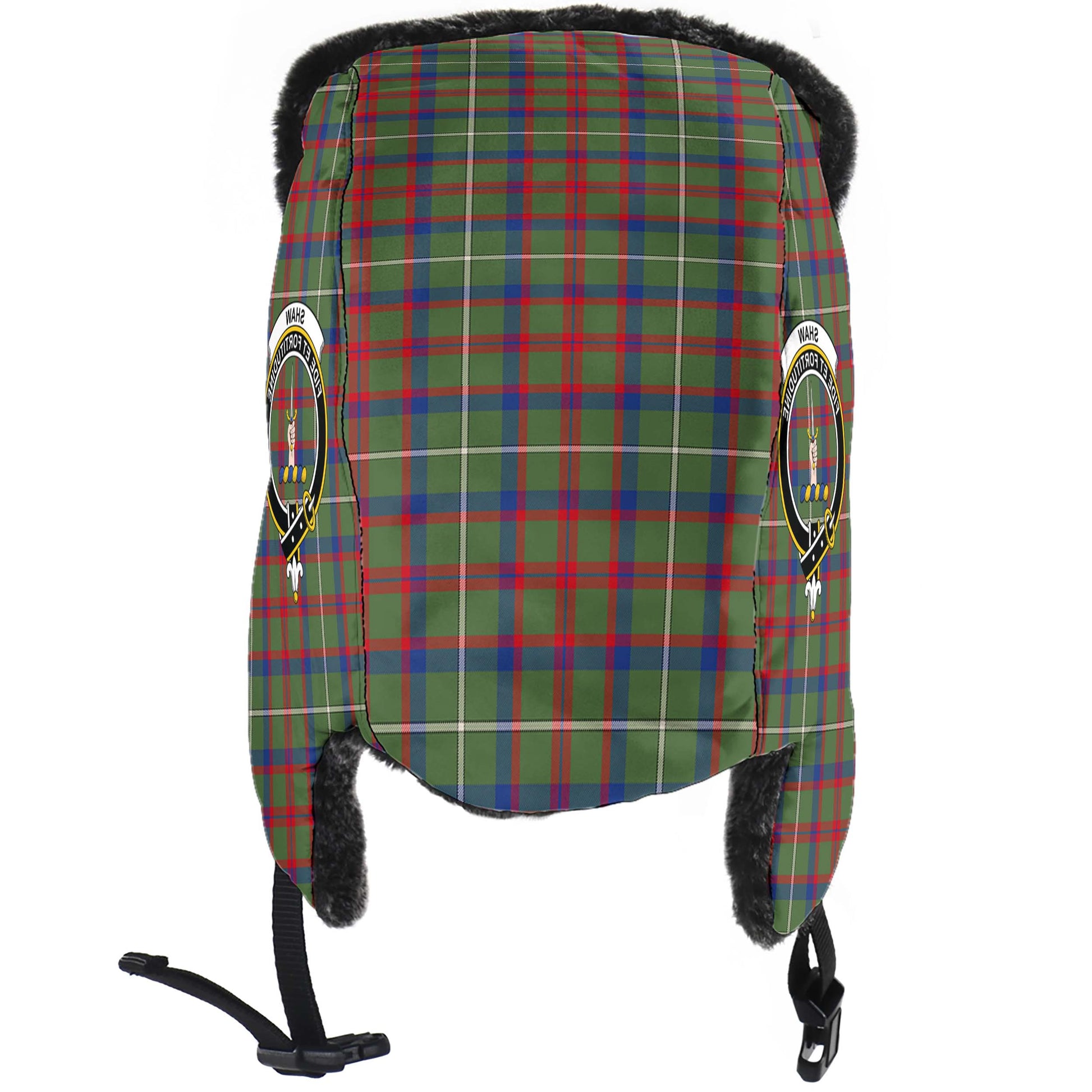 Shaw Green Modern Tartan Winter Trapper Hat with Family Crest - Tartanvibesclothing