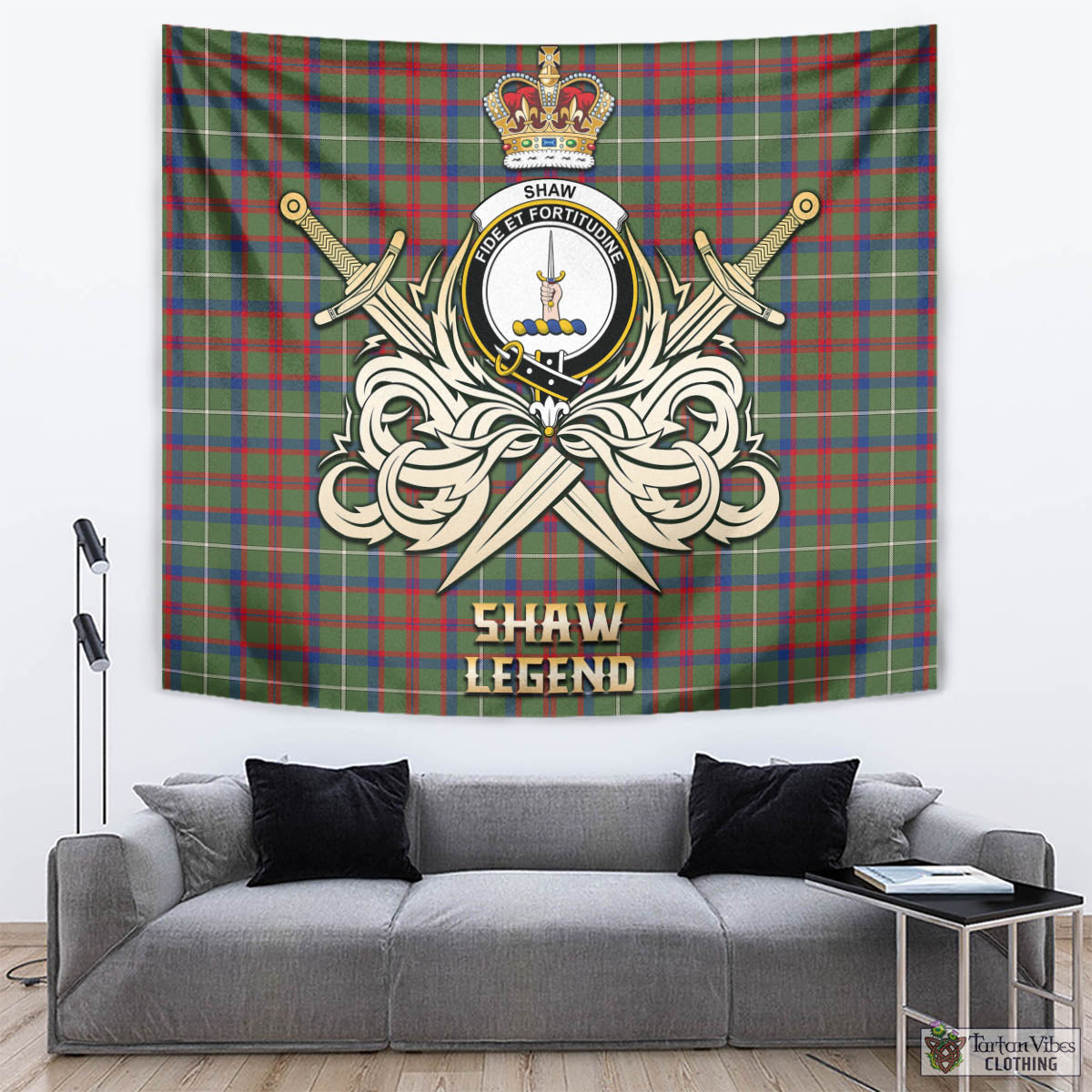 Tartan Vibes Clothing Shaw Green Modern Tartan Tapestry with Clan Crest and the Golden Sword of Courageous Legacy