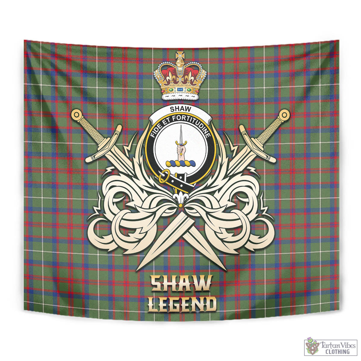 Tartan Vibes Clothing Shaw Green Modern Tartan Tapestry with Clan Crest and the Golden Sword of Courageous Legacy