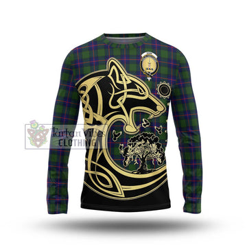 Shaw Modern Tartan Long Sleeve T-Shirt with Family Crest Celtic Wolf Style