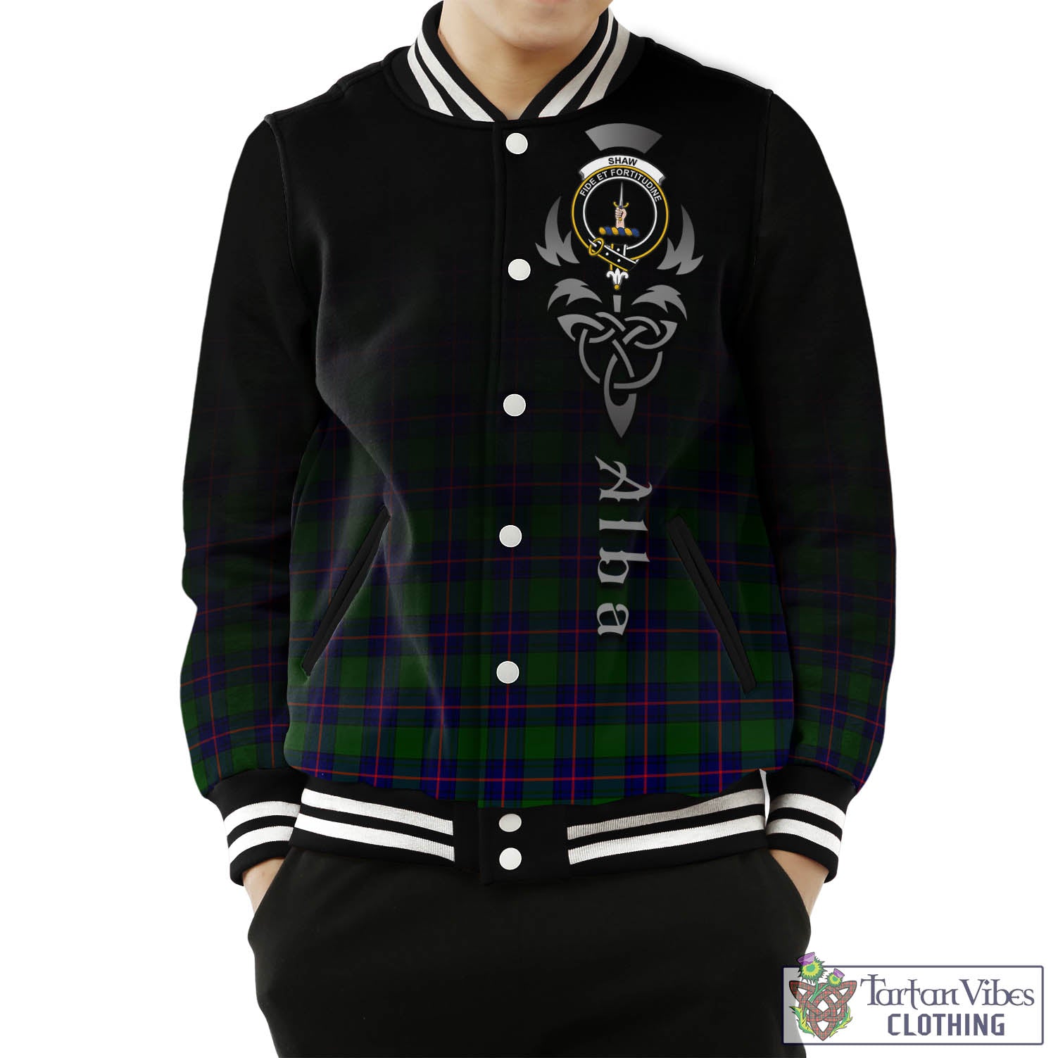 Tartan Vibes Clothing Shaw Modern Tartan Baseball Jacket Featuring Alba Gu Brath Family Crest Celtic Inspired