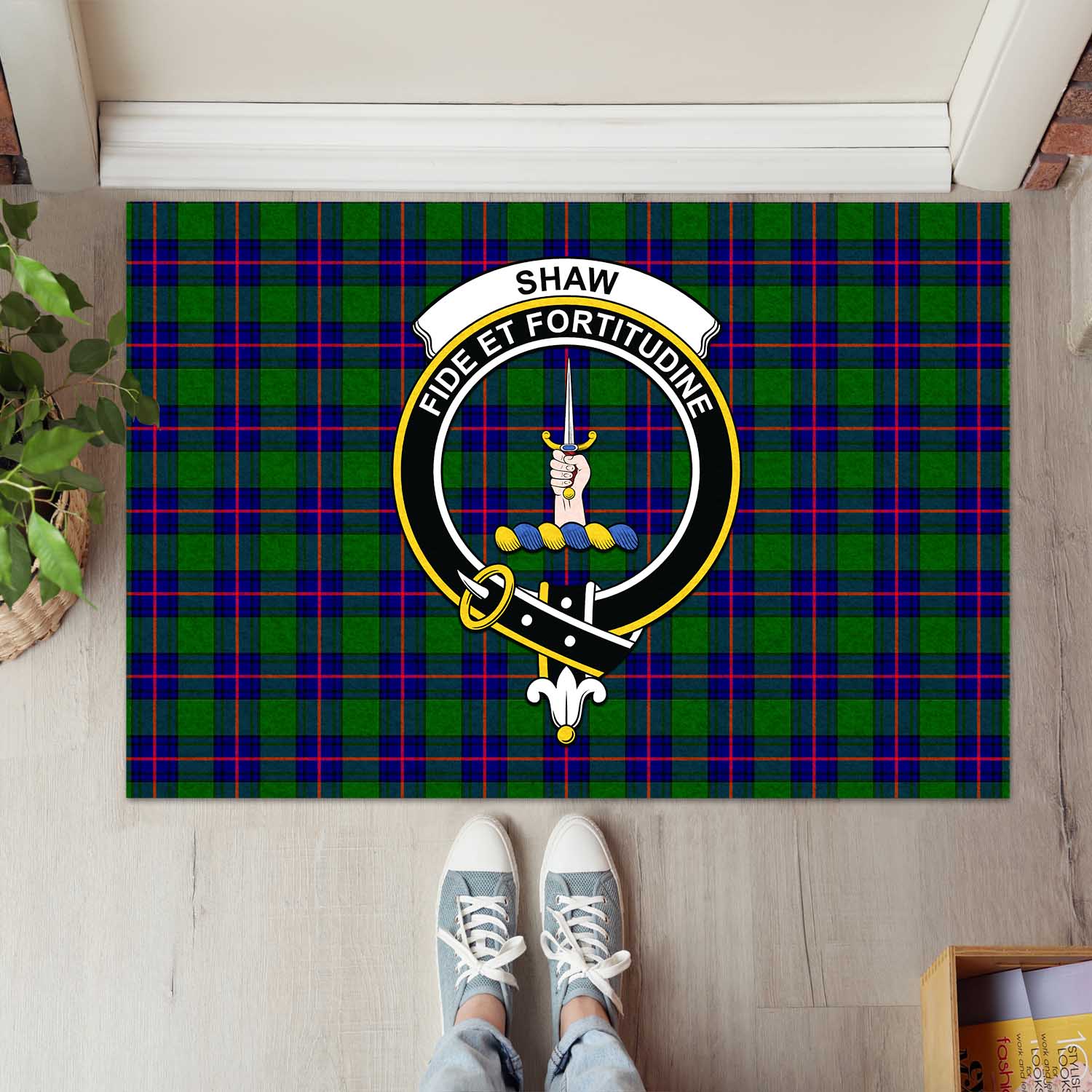 Shaw Modern Tartan Door Mat with Family Crest - Tartanvibesclothing Shop