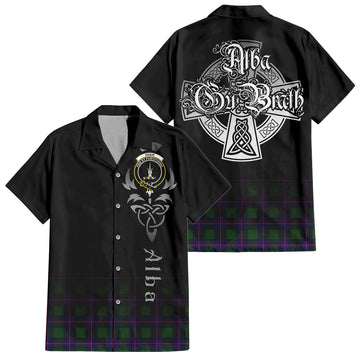 Shaw Modern Tartan Short Sleeve Button Up Shirt Featuring Alba Gu Brath Family Crest Celtic Inspired