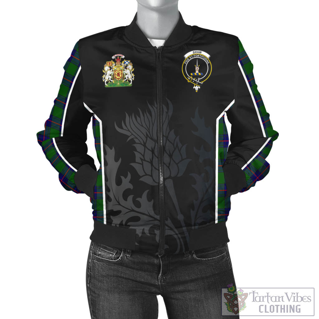 Tartan Vibes Clothing Shaw Modern Tartan Bomber Jacket with Family Crest and Scottish Thistle Vibes Sport Style