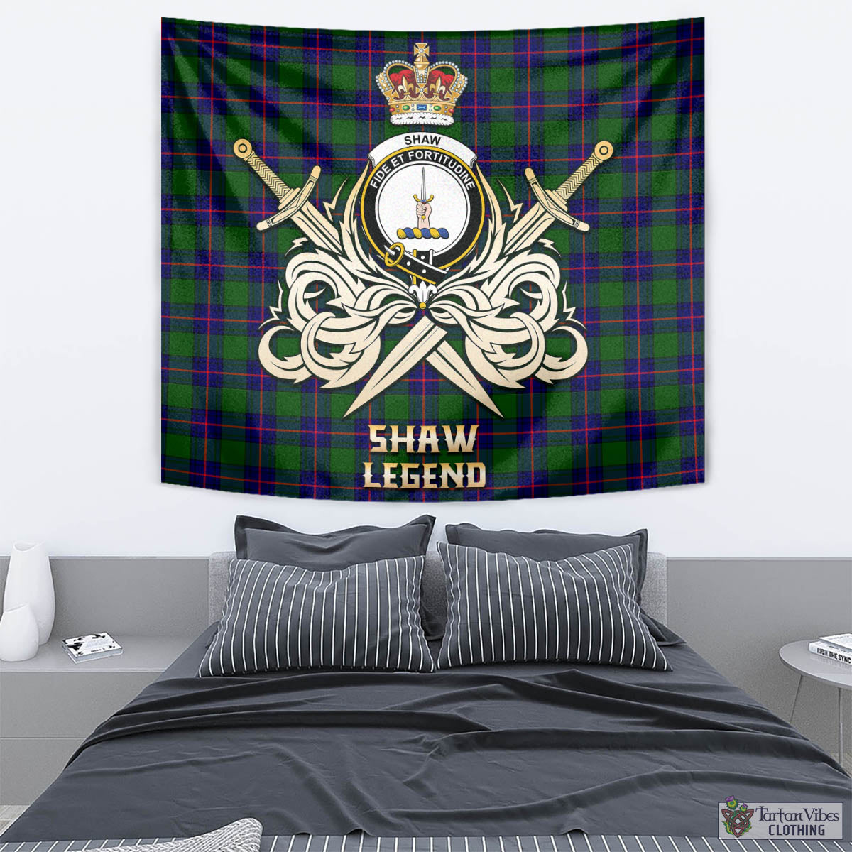 Tartan Vibes Clothing Shaw Modern Tartan Tapestry with Clan Crest and the Golden Sword of Courageous Legacy