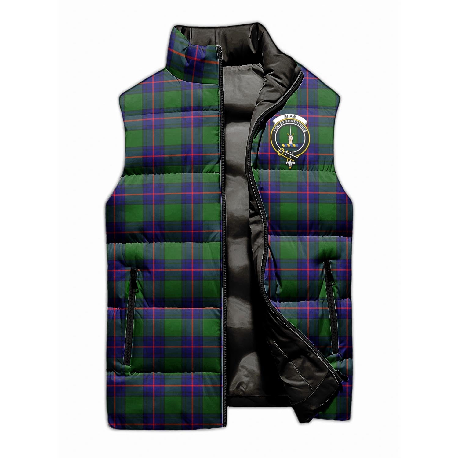 Shaw Modern Tartan Sleeveless Puffer Jacket with Family Crest - Tartanvibesclothing