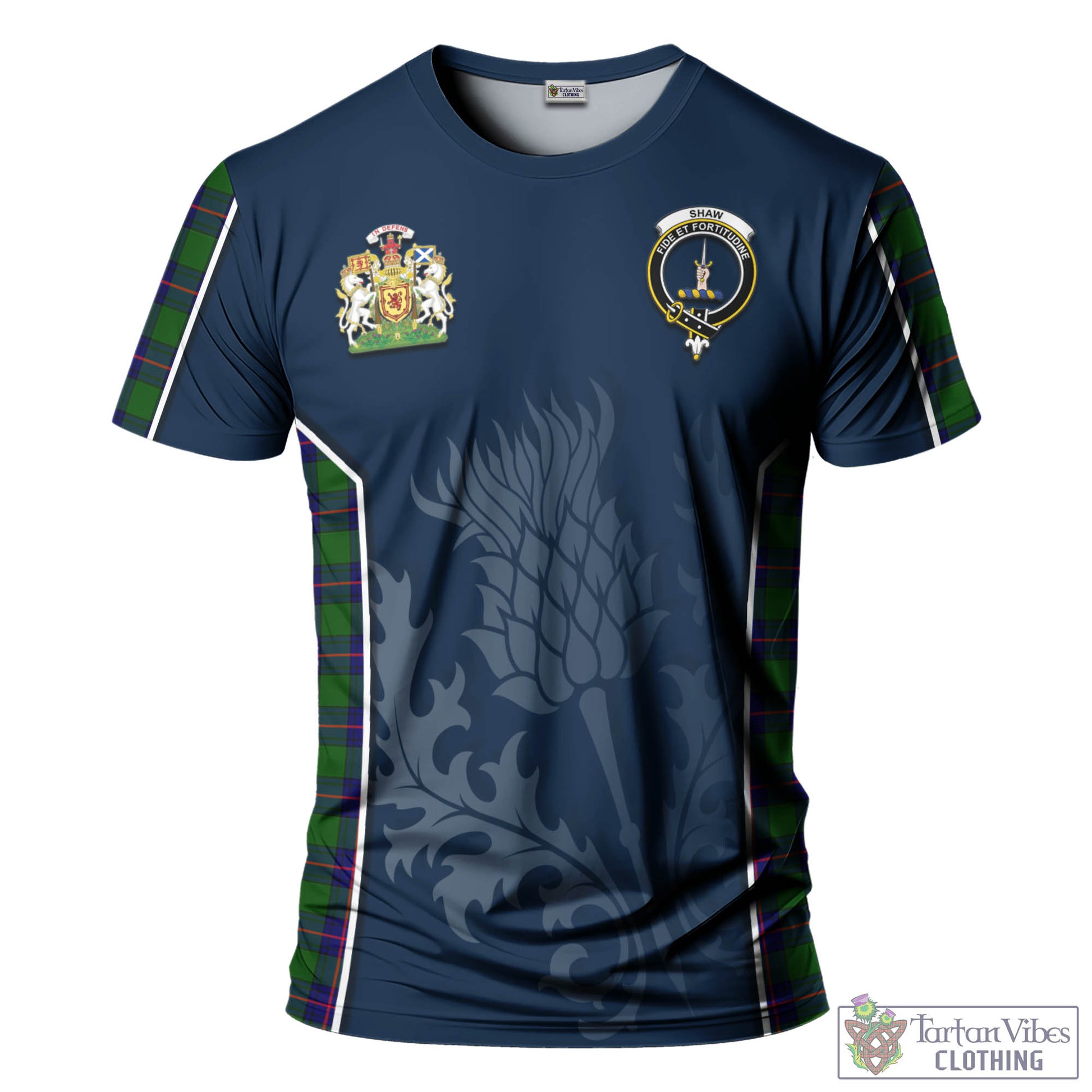 Tartan Vibes Clothing Shaw Modern Tartan T-Shirt with Family Crest and Scottish Thistle Vibes Sport Style