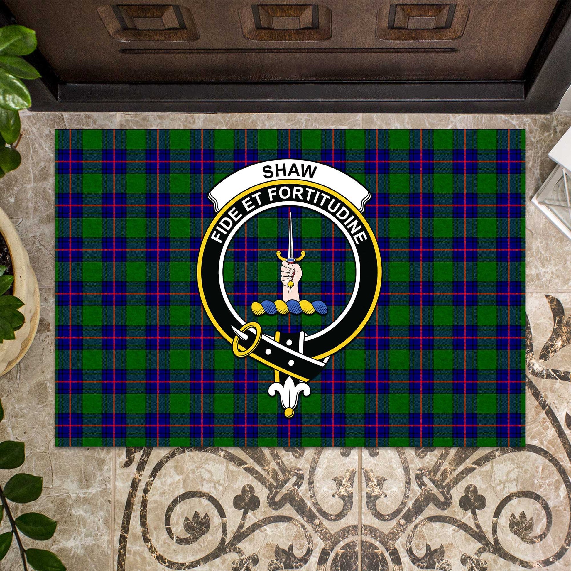 Shaw Modern Tartan Door Mat with Family Crest - Tartanvibesclothing Shop