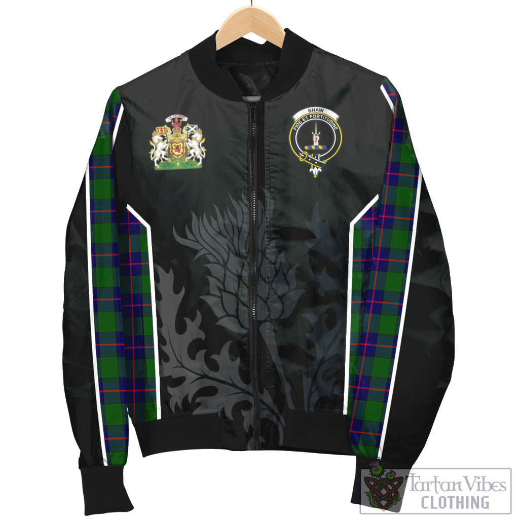 Tartan Vibes Clothing Shaw Modern Tartan Bomber Jacket with Family Crest and Scottish Thistle Vibes Sport Style