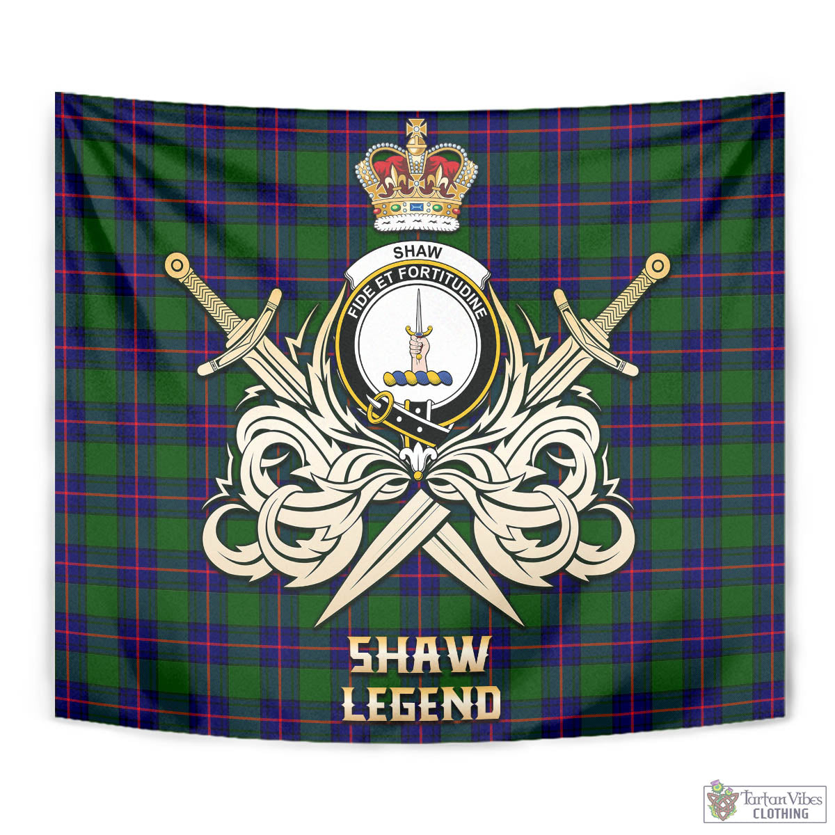 Tartan Vibes Clothing Shaw Modern Tartan Tapestry with Clan Crest and the Golden Sword of Courageous Legacy