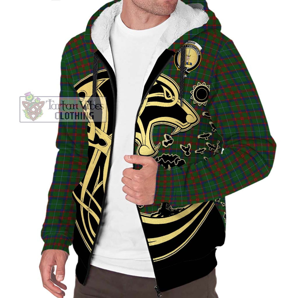 Shaw of Tordarroch Green Hunting Tartan Sherpa Hoodie with Family Crest Celtic Wolf Style Unisex S - Tartan Vibes Clothing